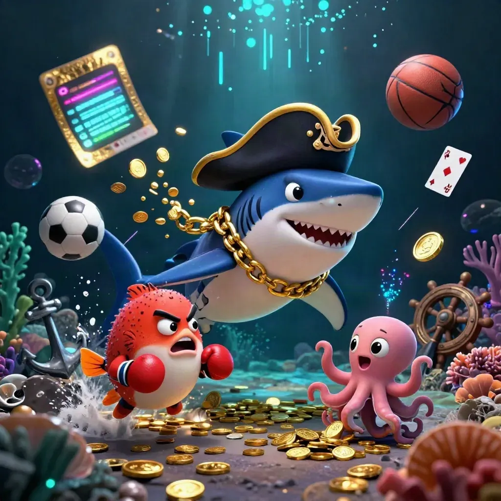 Requin pirate, poisson globe et pieuvre jouant avec des pièces d’or dans un décor sous-marin néon.