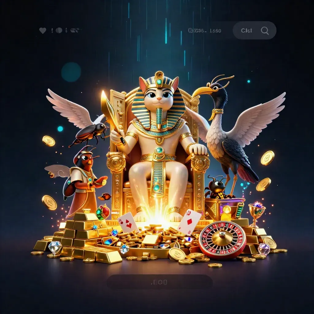 Chat pharaon 3D sur trône d’or, coffre ouvert, ibis scribe et scarabées lumineux.