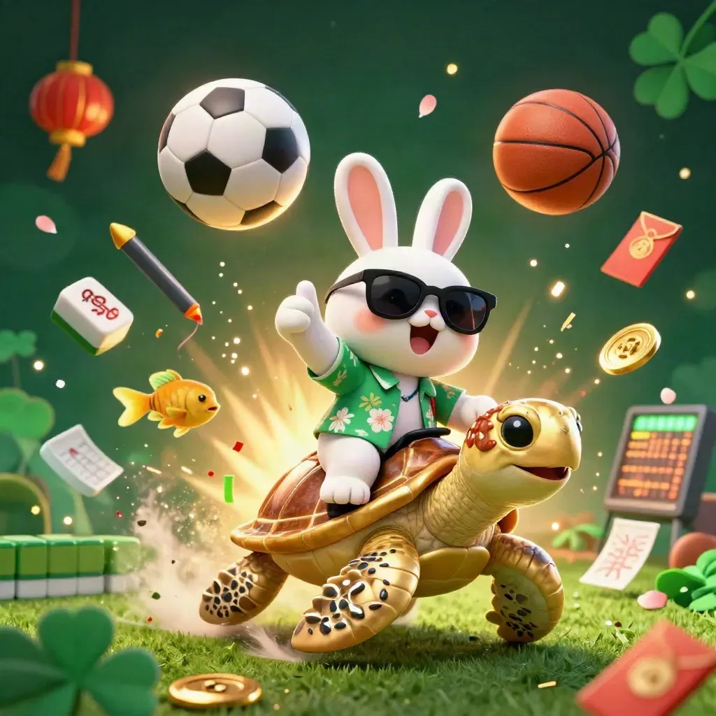 Lapin porte-bonheur sur une tortue d’or, ballons et éclats de casino en plein vol.