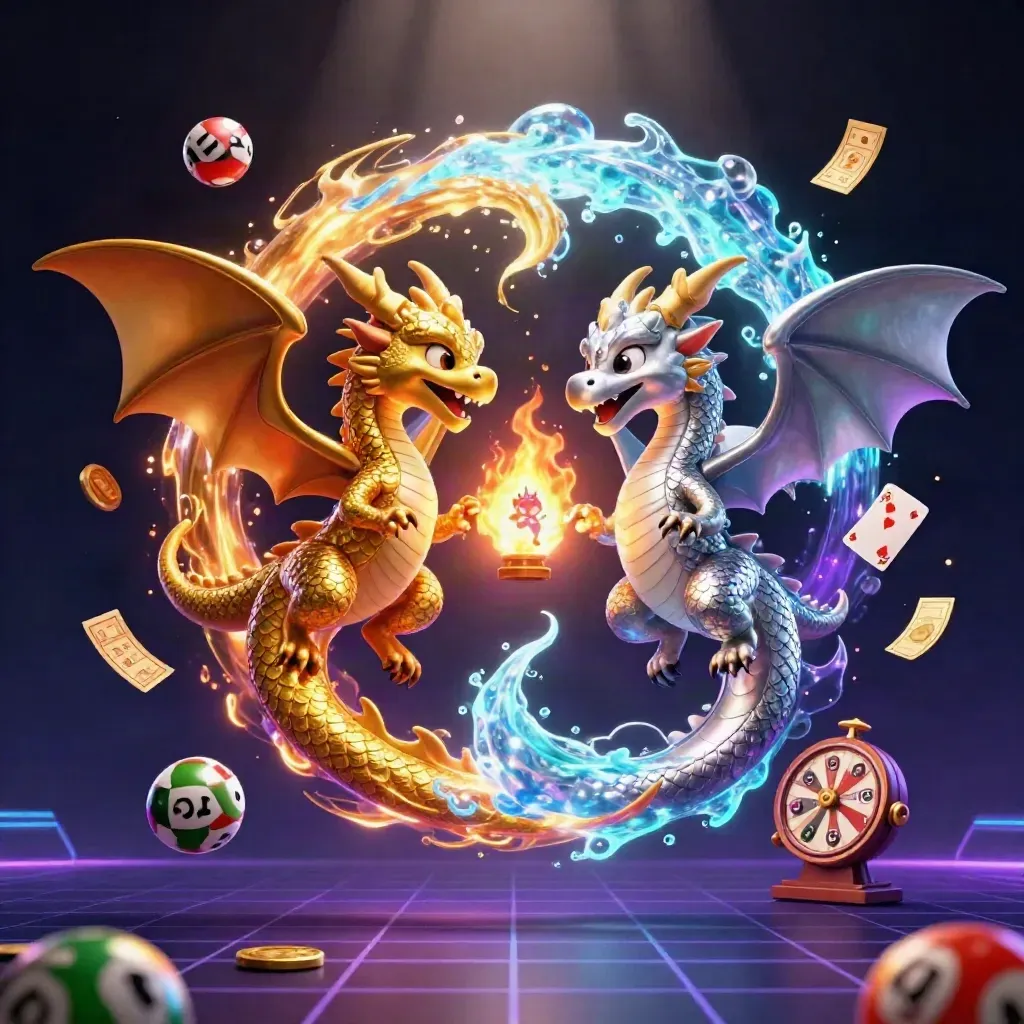 Deux dragons, or et argent, en vol avec éclats de jeux et lumière néon.