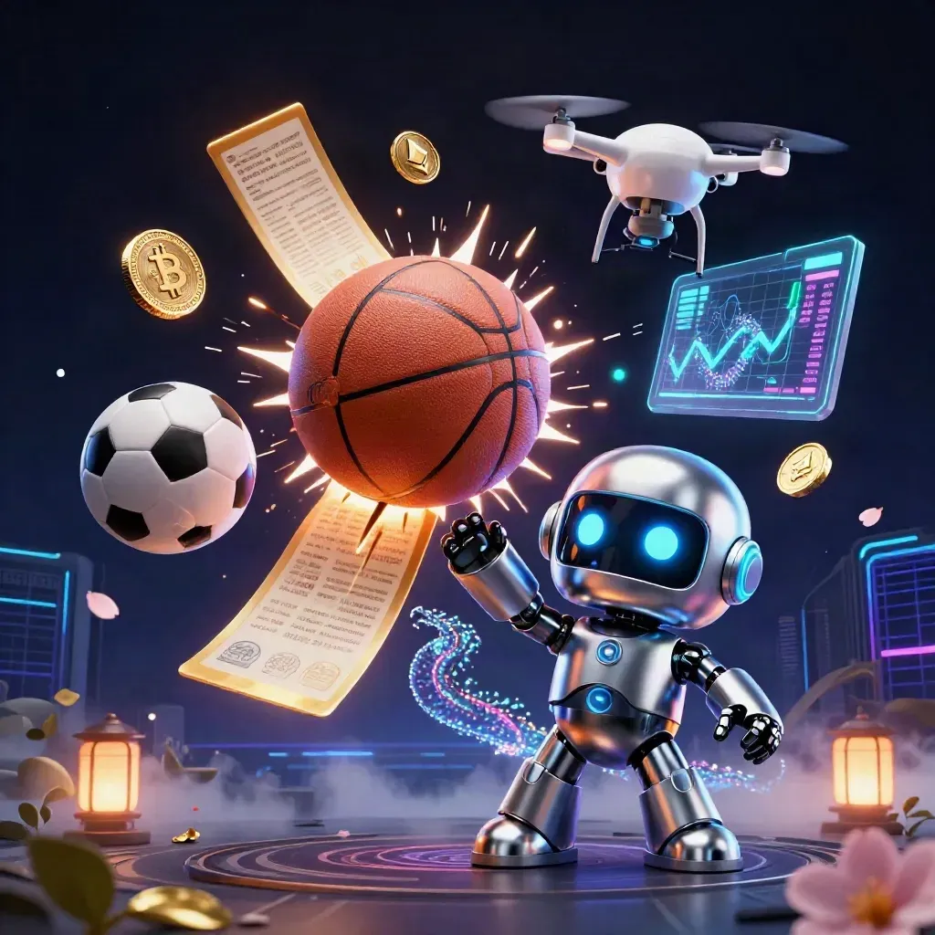 Robot cyberpunk, dragon holographique et drone autour d’un ballon, pièces d’or néon et éclats.