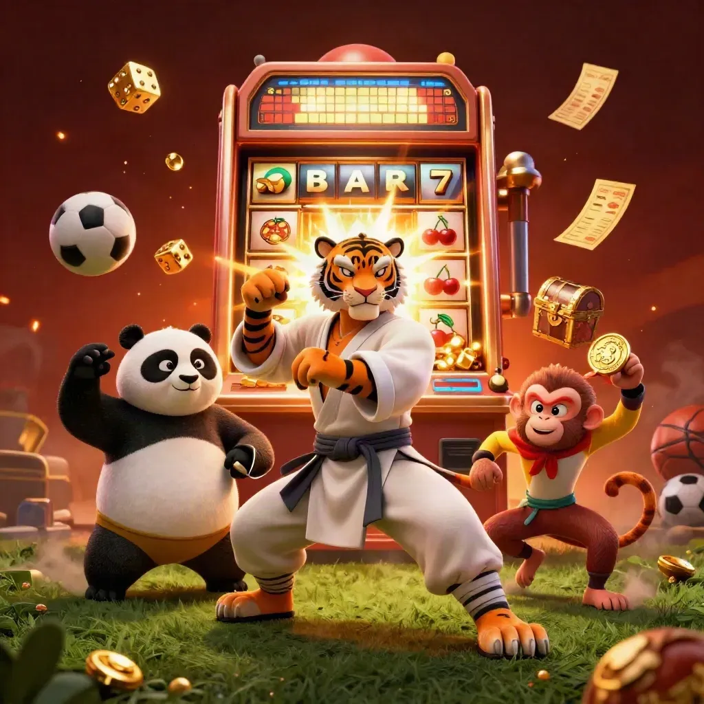 Tigre kung-fu, panda et singe au milieu d’éclats de casino et de ballons.