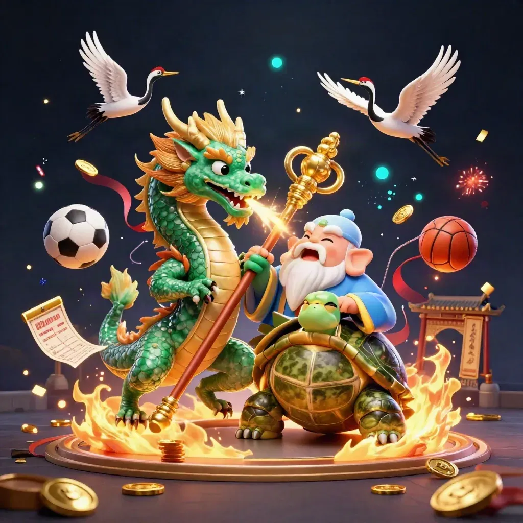 Dragon émeraude, tortue sage et grues dans une explosion d’or, pièces et lumières.