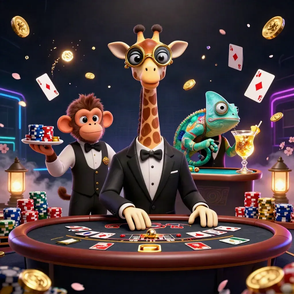 Girafe VIP, singe valet et caméléon barman dans un casino luxueux aux jetons et pièces d’or.