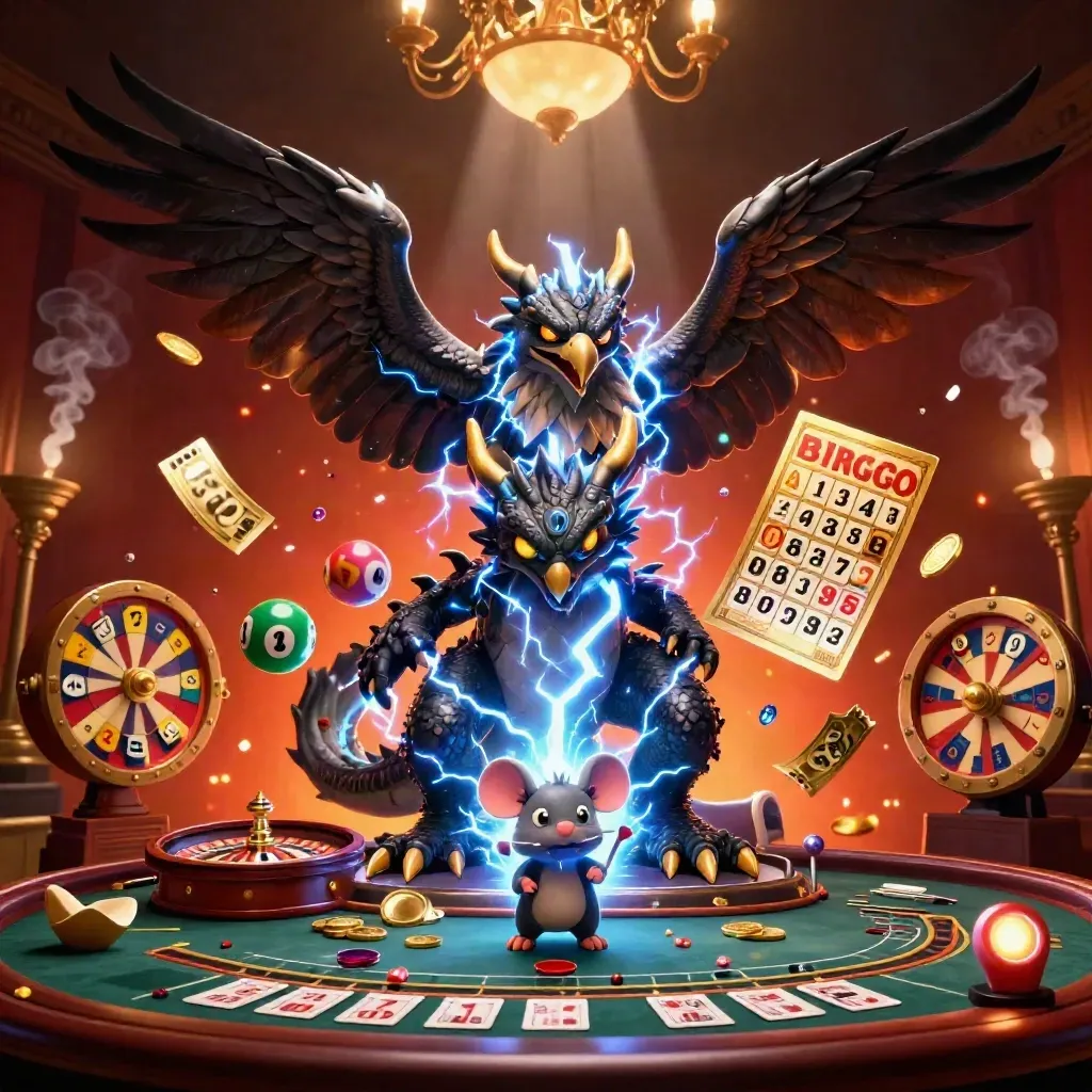Dragon, faucon et souris foudroyés dans un décor de casino luxueux aux tons or, ivoire et émeraude.