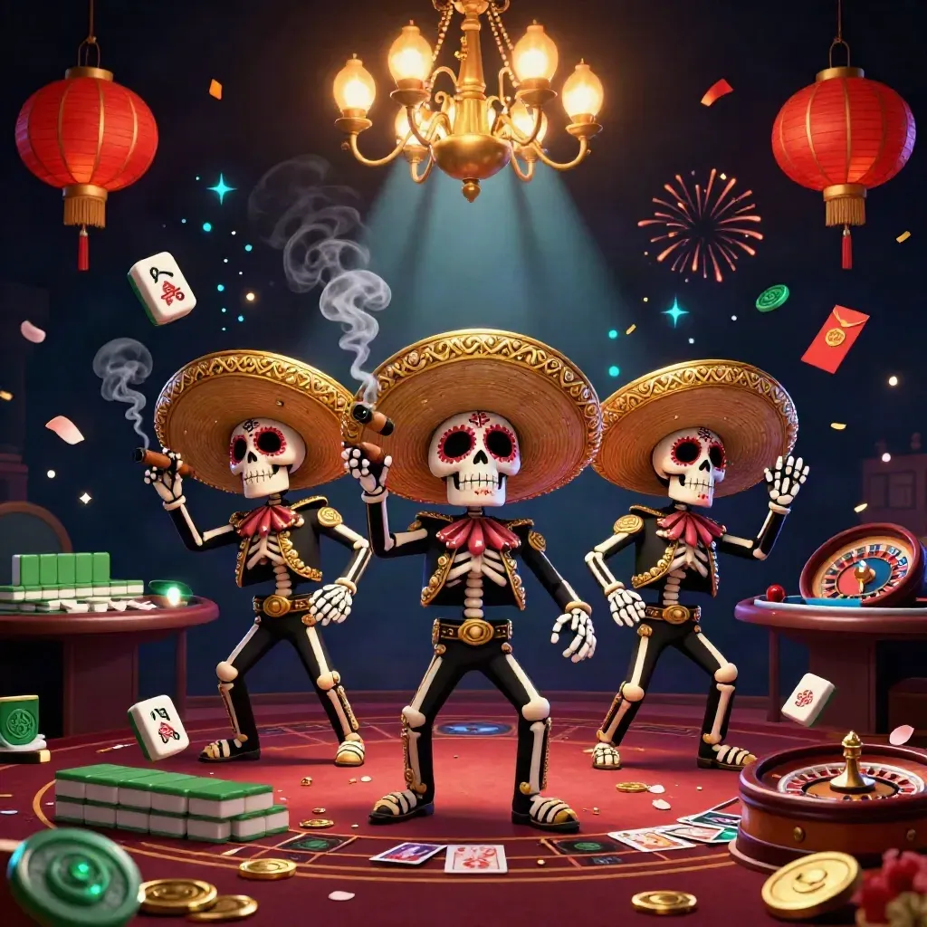 Trio de squelettes mariachi en casino luxueux, pluie de pétales, lanternes et éclats d’or.