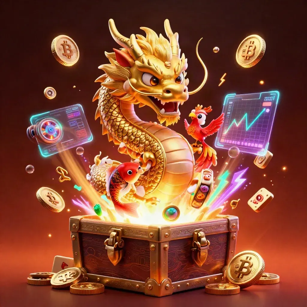 Dragon d’or, phénix et carpe jaillissant d’un coffre, pièces crypto et éclairs néon