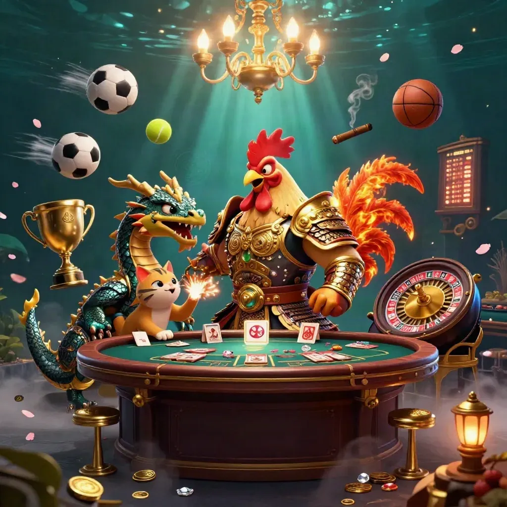 Coq samouraï, dragonon et chat porte-bonheur dans un salon de casino doré.