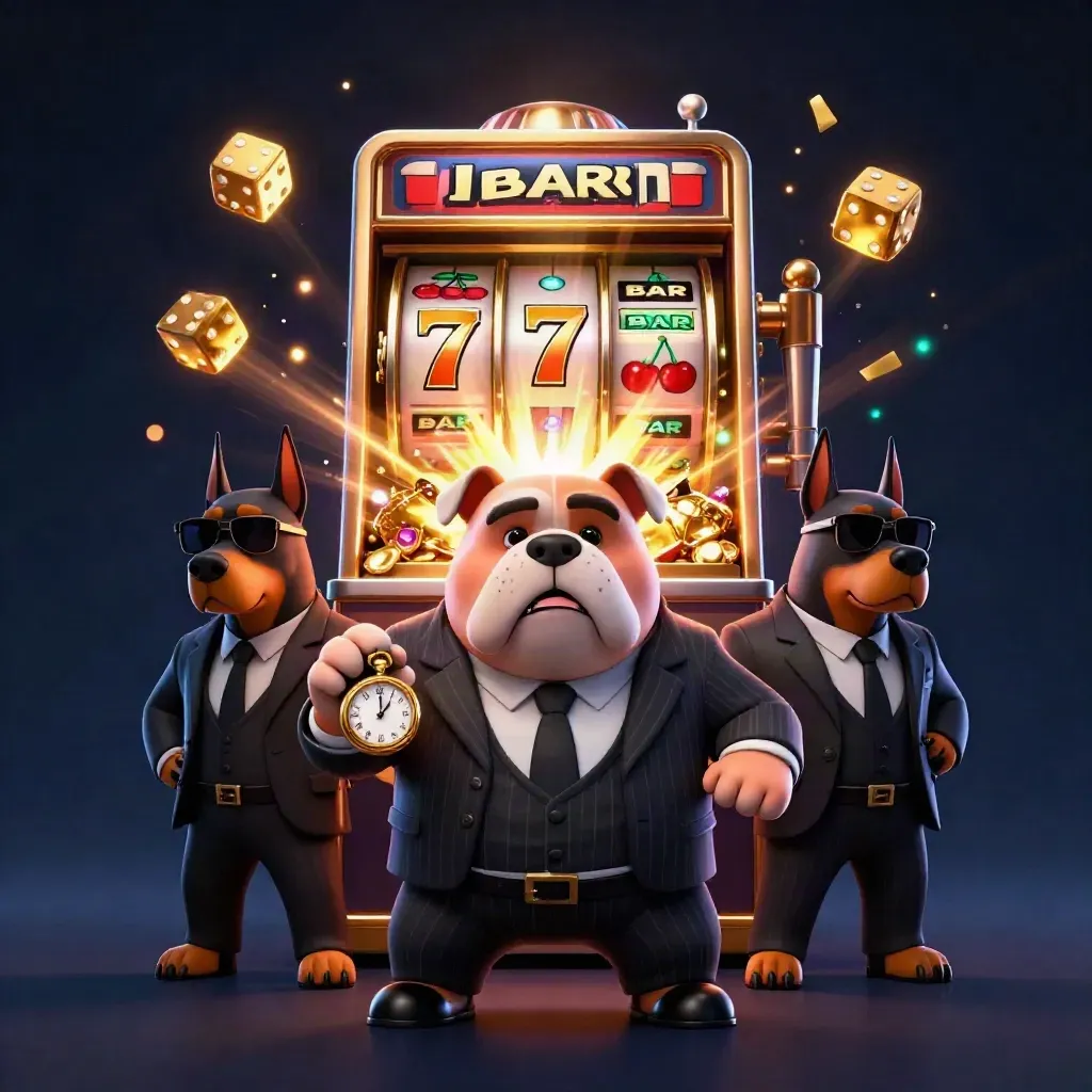 Bouledogue mafieux et deux dobermans entourés d’or, dés et machine à sous explosive.