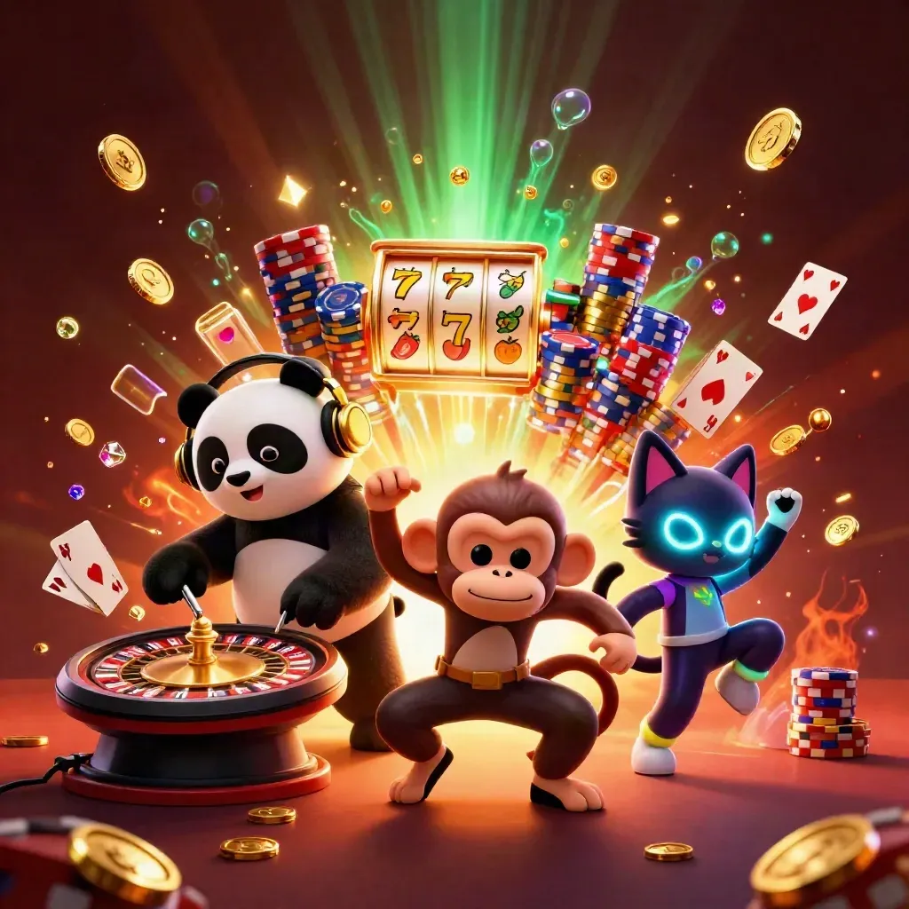 Un panda DJ, un singe danseur et un chat rave, avec pièces d’or et gemmes éclatantes.