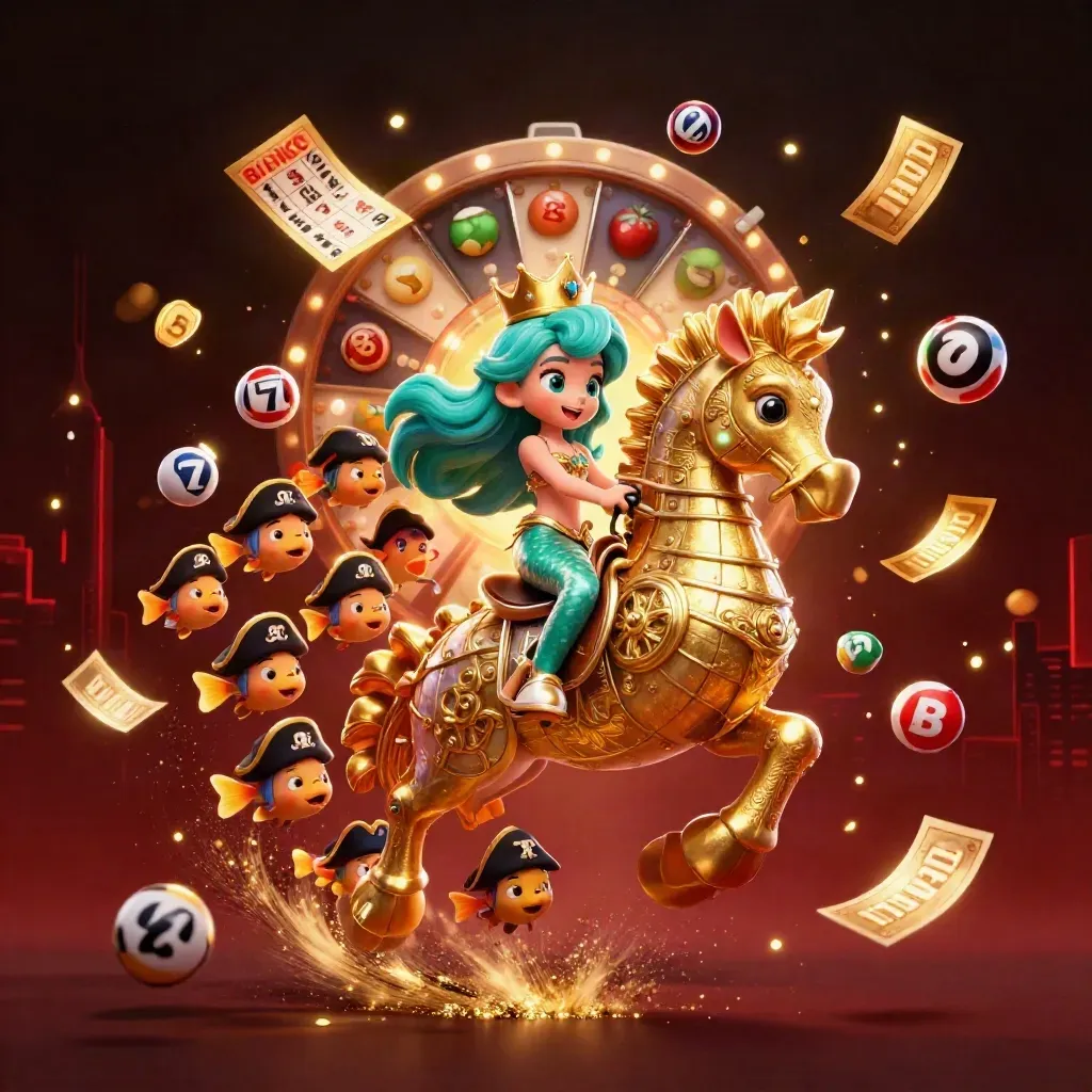 Sirène princesse sur un hippocampe d’or, poissons pirates, jetons et lumières de casino.