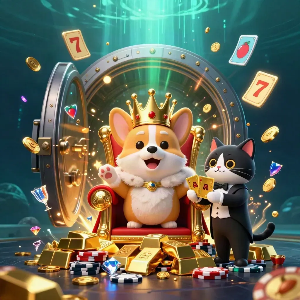 Corgi couronné et majordome chat devant un coffre d’or, éclats d’émeraude et lumière marine.