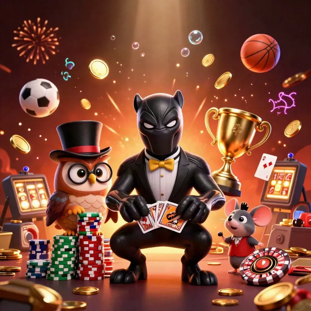 Panthère, hibou et souris autour d’or et de jetons dans une explosion de casino.