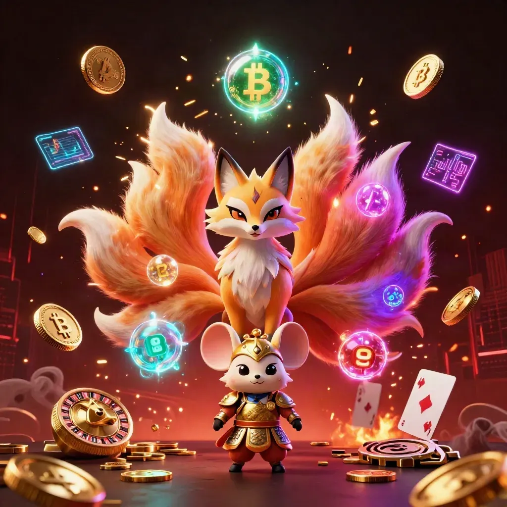 Renard spirituel à neuf queues et souris samouraï au milieu d’une pluie de pièces d’or et d’étincelles