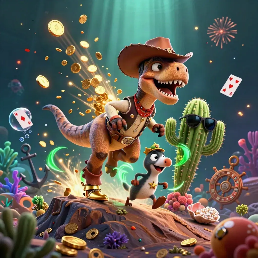T-Rex cowboy, cactus et oiseau-sheriff sous l’eau, pluie d’or et éclats luxueux.