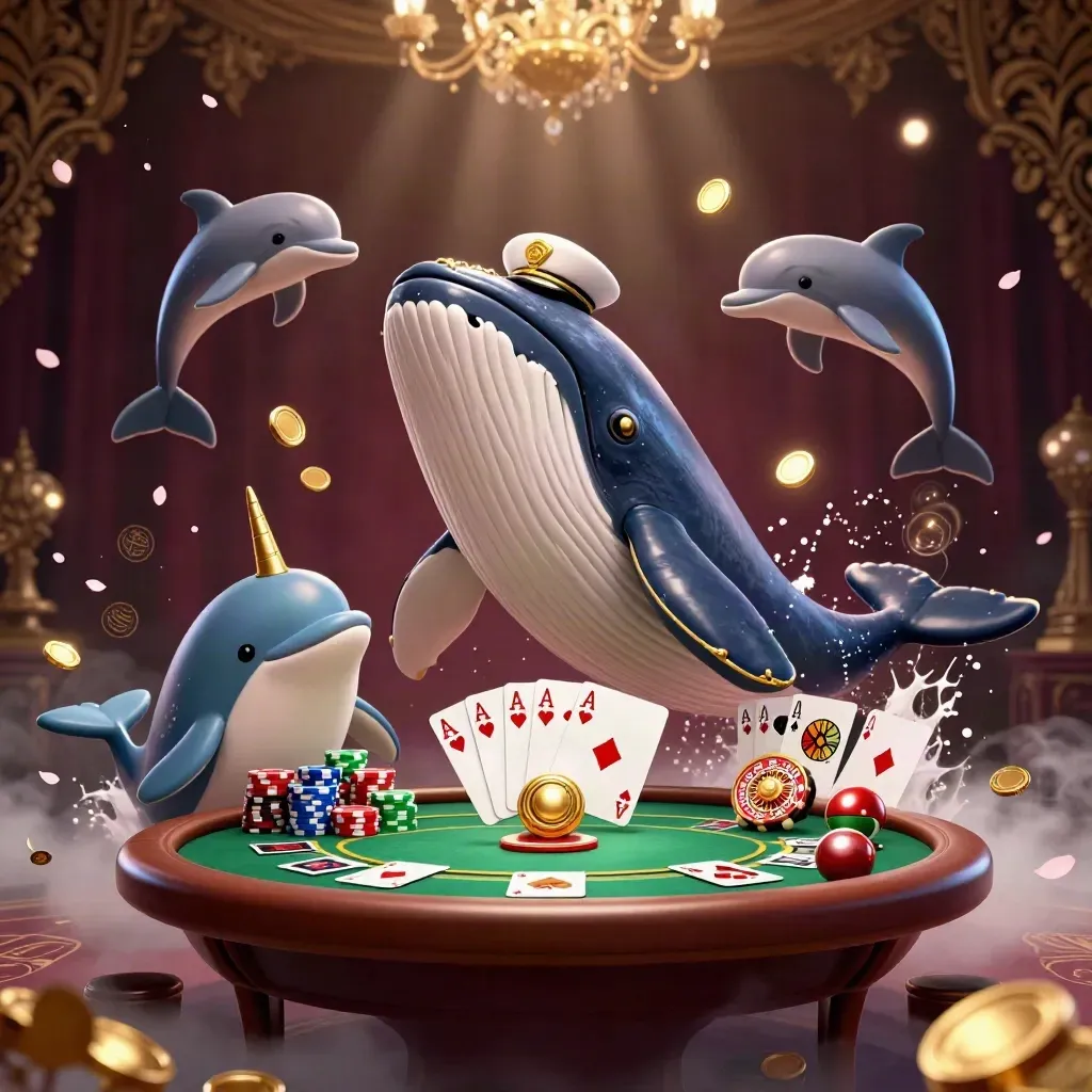 Baleine capitaine, narval et dauphins, pièces d’or et jetons dans un casino luxueux.