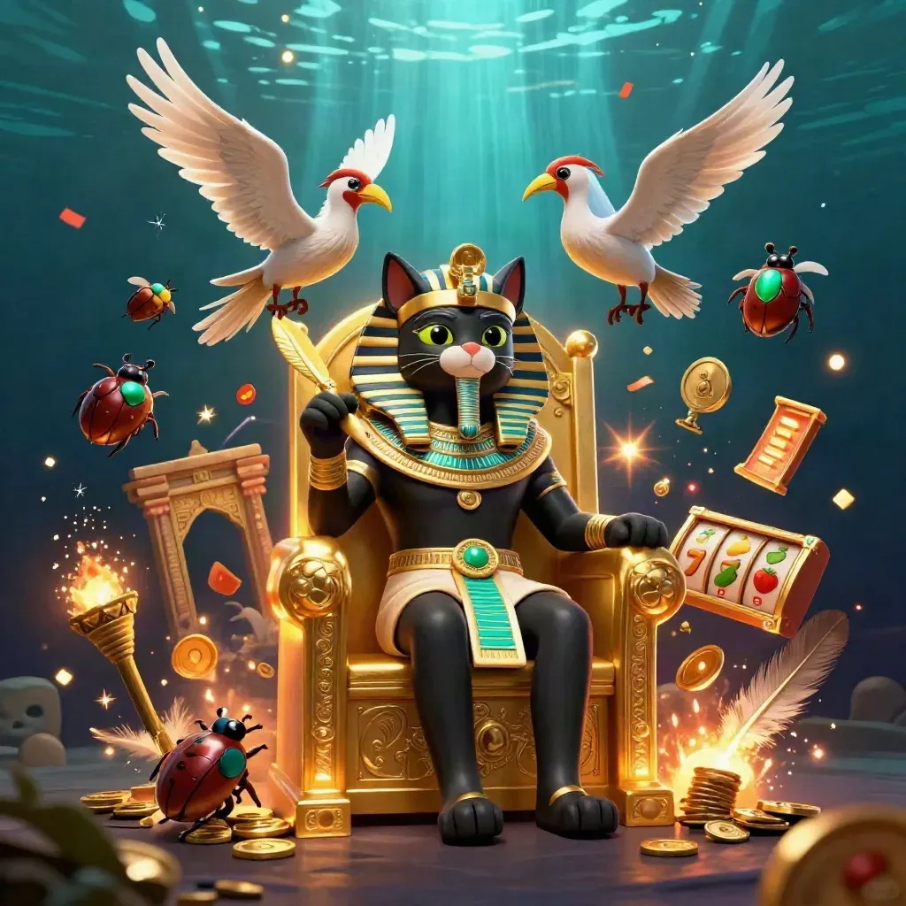 Chat pharaon doré, scribe ibis et scarabées précieux dans un décor casino luxueux.