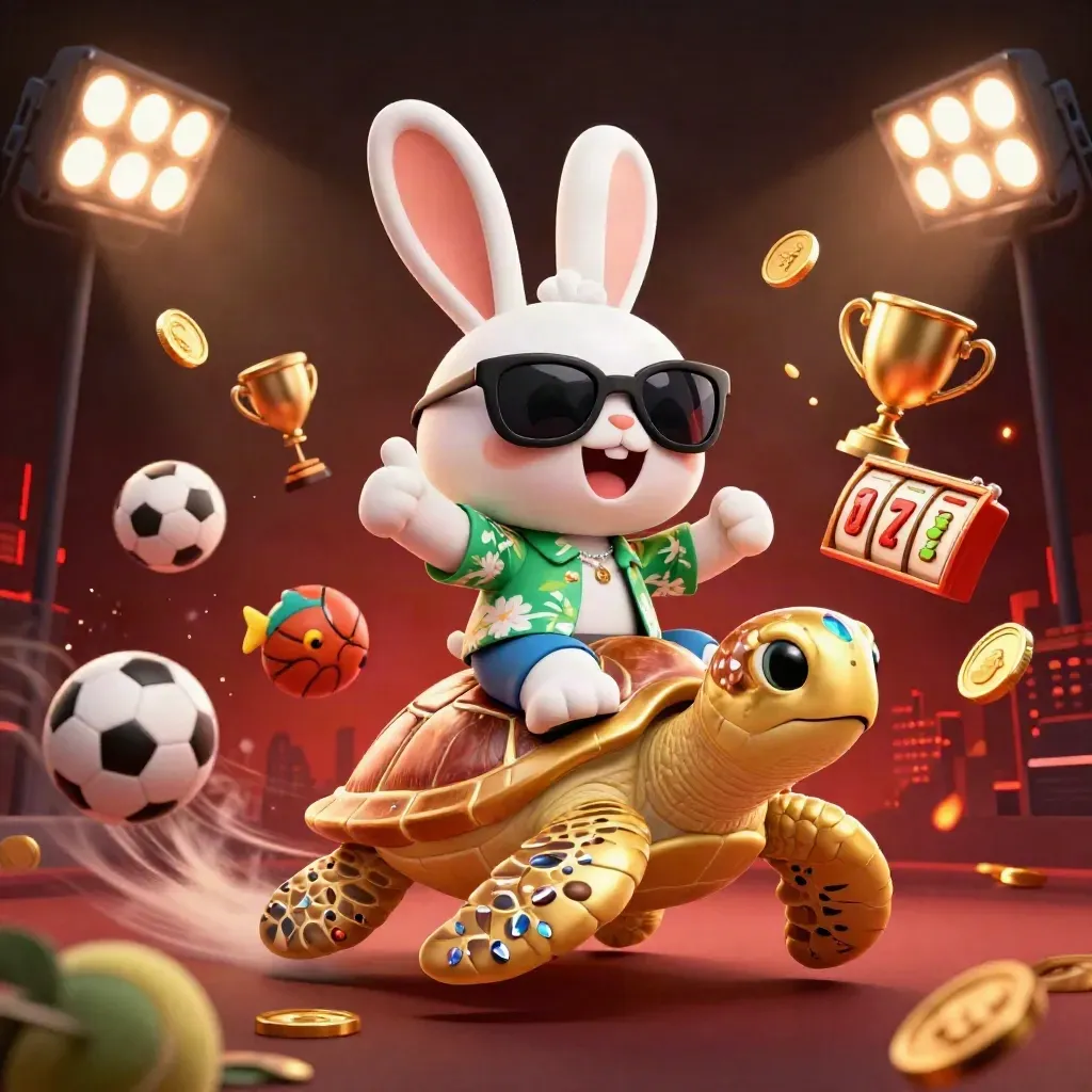 Lapin cartoon sur tortue dorée, poissons tropicaux et ambiance casino luxueuse.