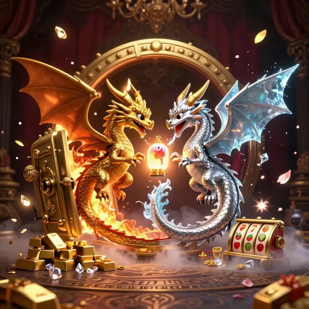 Deux dragons 3D or et argent, coffre, pièces d’or, ambiance luxe sombre et magique.