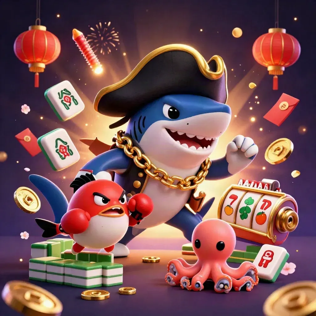 Capitaine requin pirate, poisson-globe et poulpe jongleur d’or dans un décor casino luxe.
