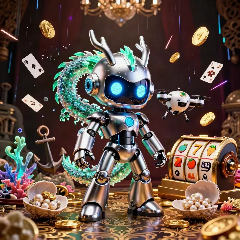Robot cyberpunk, dragon holographique et drone-coin dans un trésor sous-marin doré.