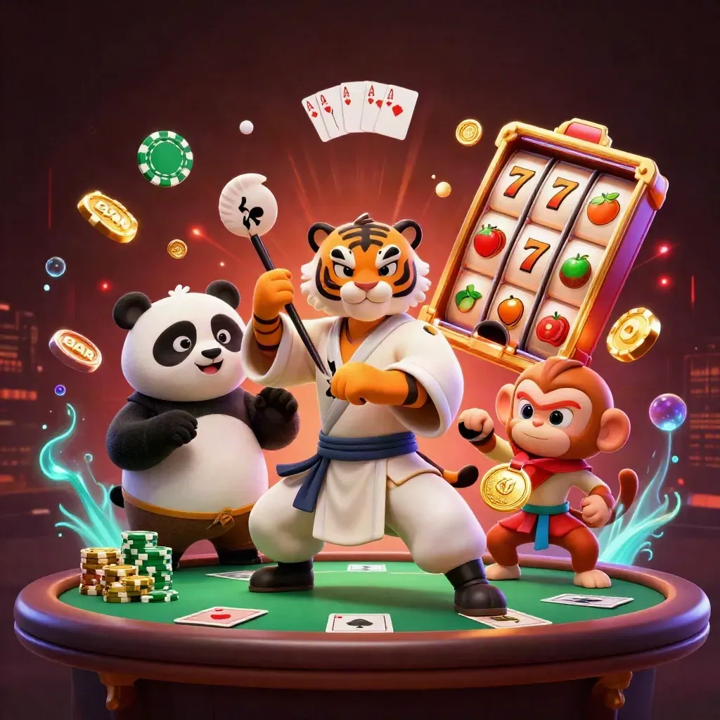 Tigre kung-fu, panda et singe autour d’une table de poker dorée, dans un décor casino luxueux.