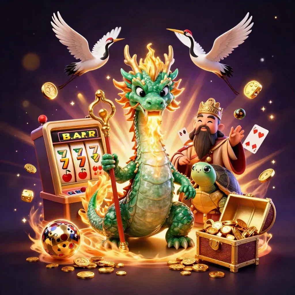 Dragon jade, tortue sage et grues, avec machine à sous et trésor d’or sur fond sombre