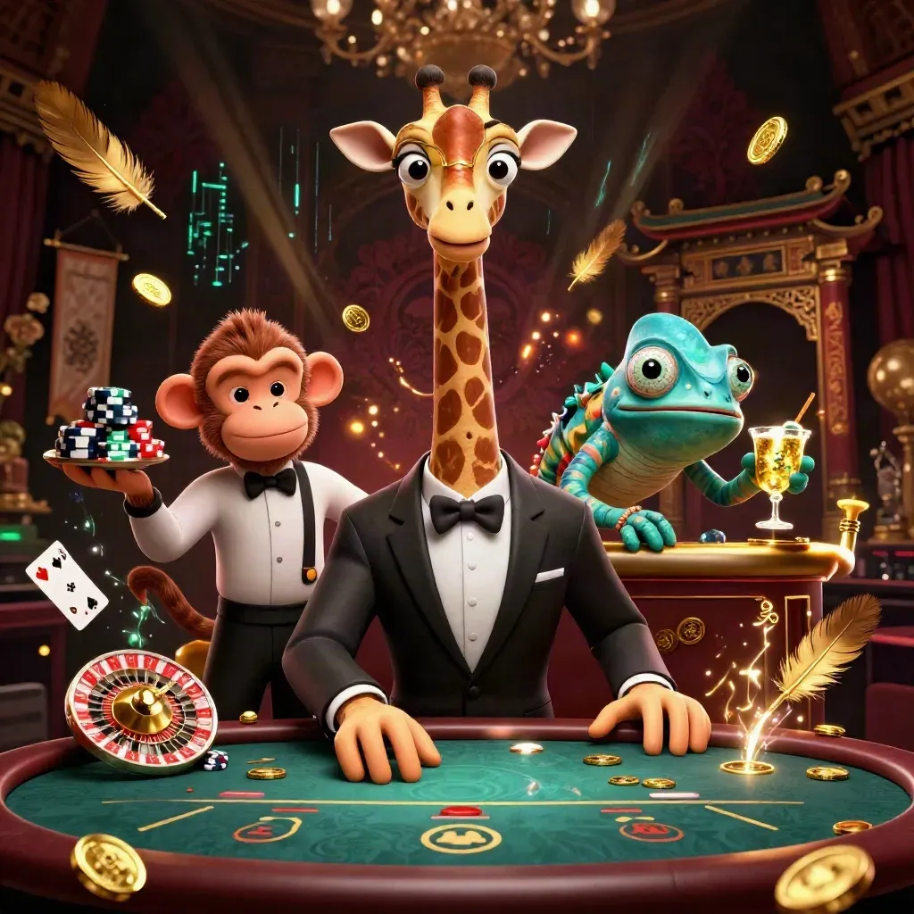 Girafe, singe et caméléon en scène de casino dorée, ambiance luxe sombre.