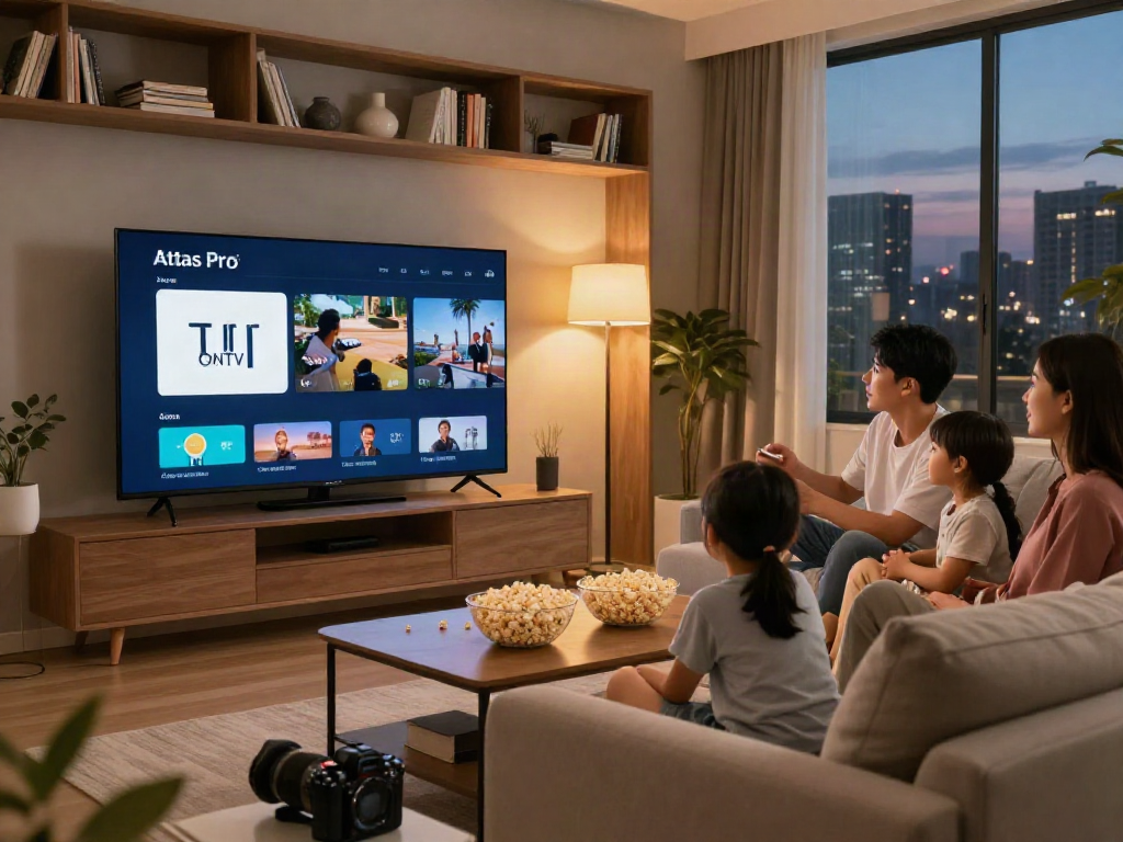 Famille profitant de l'application Atlas Pro ONTV sur leur télévision moderne dans le salon.